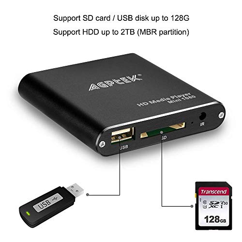 AGPTEK Mini HD TV Media Player con Adaptador USB 1080P - MKV/RM-SD/USB HDD-HDMI Support HDMI CVBS and YPbPr Video Output with Remote Controller and Power Adapter 5V 2A - Negro