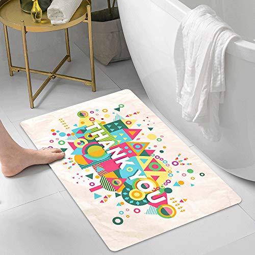 Alfombra De Baño Cocina,Cita, fuente de agradecimiento diciendo gracias con coloridas figuras geométr,Alfombrilla de baño con Ducha Antideslizante Lavable a máquina para baño y Sala de Estar 60x100 cm