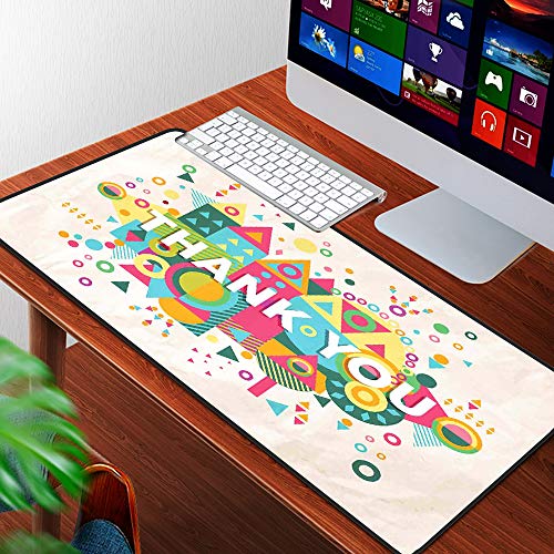 Alfombrilla Raton Grande Gaming Mouse Pad,Cita, fuente de agradecimiento diciendo gracias con coloridas figuras geométricas abst,Lavable, Antideslizante Diseñada para Gamers, Trabajo de Oficina