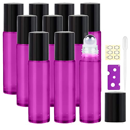 Alledominio, 10 Botellas de 10 ml de aceites Esenciales, Botellas de Vidrio ámbar Recargables con Bolas de Acero Inoxidable, Incluye 12 Etiquetas, 1 cuentagotas y abridor - Rosa roja