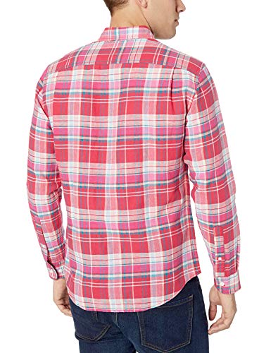 Amazon Essentials - Camisa de lino con manga larga, corte entallado y estampado para hombre, Escocés rojo, US M (EU M)