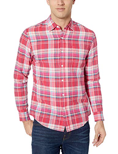 Amazon Essentials - Camisa de lino con manga larga, corte entallado y estampado para hombre, Escocés rojo, US M (EU M)