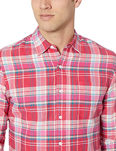 Amazon Essentials - Camisa de lino con manga larga, corte entallado y estampado para hombre, Escocés rojo, US M (EU M)