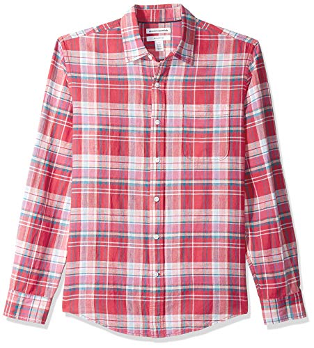 Amazon Essentials - Camisa de lino con manga larga, corte entallado y estampado para hombre, Escocés rojo, US M (EU M)