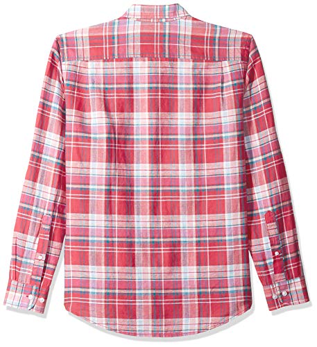 Amazon Essentials - Camisa de lino con manga larga, corte entallado y estampado para hombre, Escocés rojo, US M (EU M)