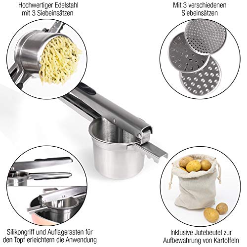 Amazy Prensa patatas + 3 Discos intercambiables y Saco de tela – Pasapurés de acero inoxidable apto para lavavajillas para preparar puré de patatas, Gnocchi y demás