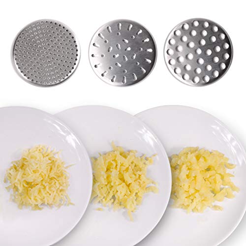 Amazy Prensa patatas + 3 Discos intercambiables y Saco de tela – Pasapurés de acero inoxidable apto para lavavajillas para preparar puré de patatas, Gnocchi y demás