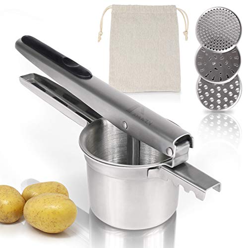 Amazy Prensa patatas + 3 Discos intercambiables y Saco de tela – Pasapurés de acero inoxidable apto para lavavajillas para preparar puré de patatas, Gnocchi y demás