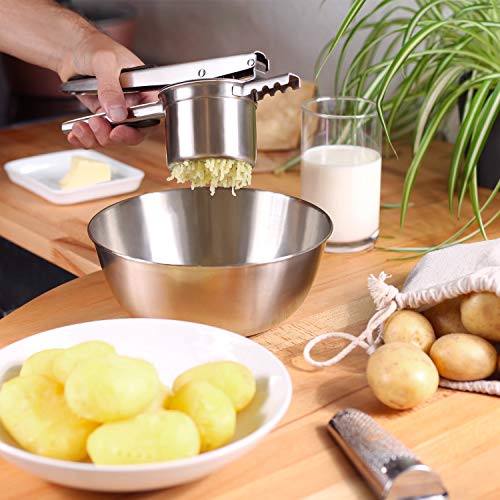 Amazy Prensa patatas + 3 Discos intercambiables y Saco de tela – Pasapurés de acero inoxidable apto para lavavajillas para preparar puré de patatas, Gnocchi y demás