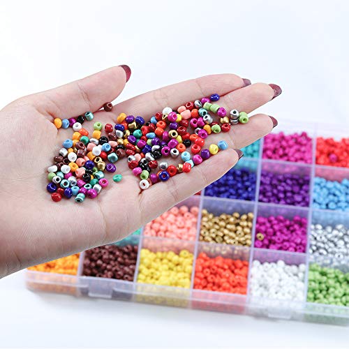 AMOE Cuentas de vidrio, coloridas cuentas de 3 mm 14400 piezas Mini cuentas de vidrio para joyería de bricolaje de pulseras, collares, joyería 24 colores