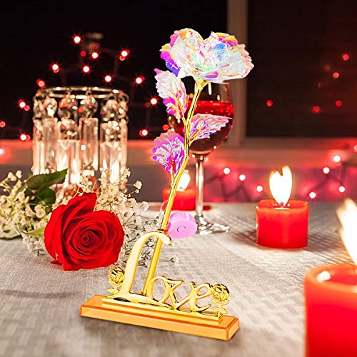 ANBET Flor Brillante Rosa Artificial de Papel de Oro de 24 Quilates con luz LED, Soporte Transparente y Caja de Regalo románticos para el día de Valenine, el Día de la Madre, Cumpleaños