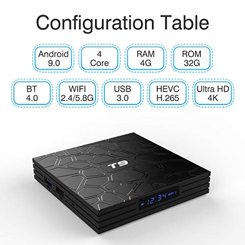 Android TV Box, T9 Android 9.0 TV BOX 4GB RAM/32GB ROM RK3318 Quad-Core Media Box Soporte 2.4GHz/5.0GHz WiFi 64 bits H.265 Bluetooth 4.0 DLNA UHD 4K Mini TV Box