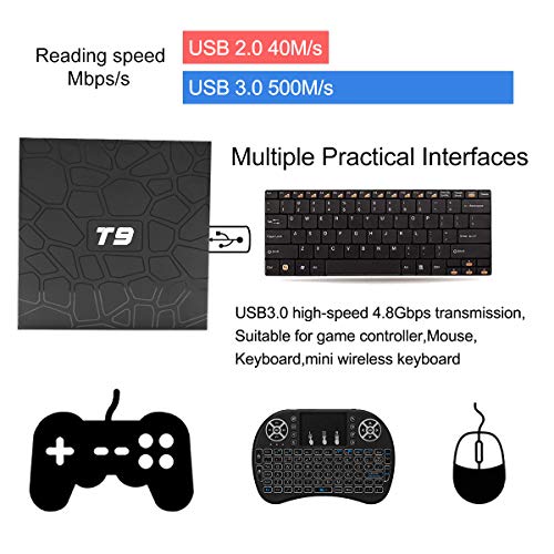 Android TV Box, T9 Android 9.0 TV BOX 4GB RAM/32GB ROM RK3318 Quad-Core Media Box Soporte 2.4GHz/5.0GHz WiFi 64 bits H.265 Bluetooth 4.0 DLNA UHD 4K Mini TV Box