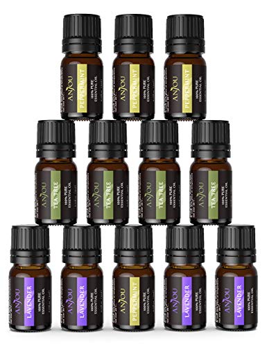 Anjou Aceites Esenciales 12pcs, Aceite Aromaterapia Natural Puro (Lavanda 4 * 5ml, Árbol de Té 4 * 5ml, Menta 4 * 5ml,) para Difusor,Spa,Dormir.