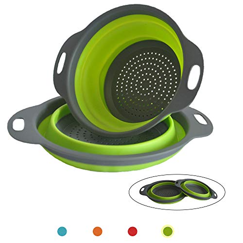 ANPI 2PCS Escurridor Plegable, Set de Coladores Plegable Redondo Colador de Fruta Vegetal Comida Seguro en Agua Hirviendo, Incluye 2 Tamaños, Verde