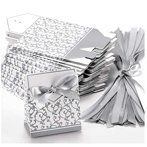 Anyasen 50 piezas caja regalo papel cajas de favor partido caja regalo los favores los dulces caramelos bombones confeti los regalos joyería para fiesta bienvenida bebé boda comunión navidad(Plata)