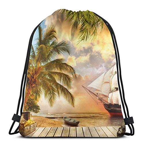 AOOEDM Mural digital Barco pirata Mochila con cordón Bolsa de poliéster Cinch Saco Impermeable Deporte Gimnasio Mochila escolar Mochila para niños niñas