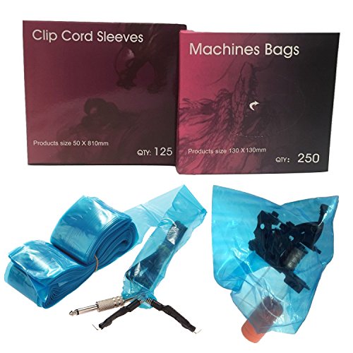 Aozzy higiene desechables 125pcs tatuaje Clip Cord Cubiertas y 250pcs tatuaje máquina Pistola adhesivo de bolsas de color, color azul