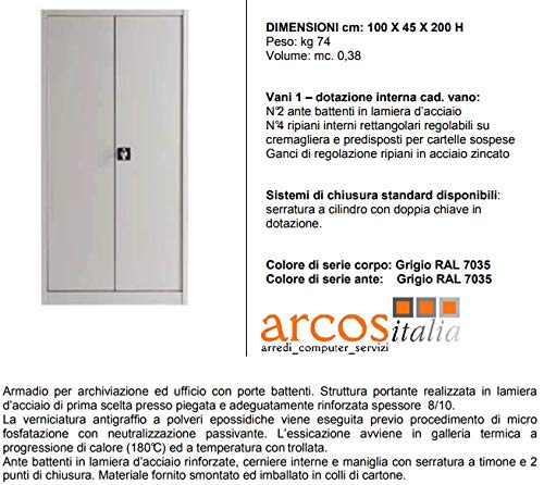 Arcos Italia - Armario metálico archivador de 100 x 45 x 200 puertas batientes con cerradura. Fabricado en Italia.