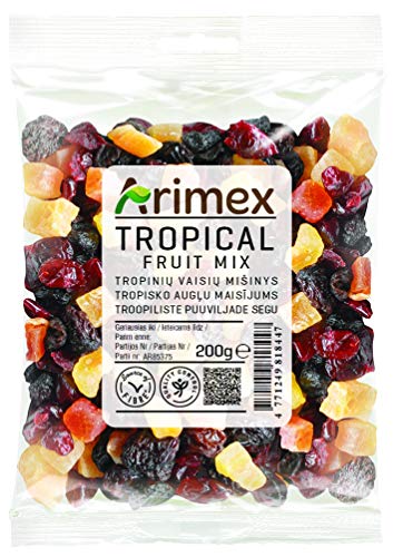 Arimex Tropical Mezcla de las frutas con pasas Jumbo, escarchado Papaya, pinas y mangos y arandanos secos, 200 g