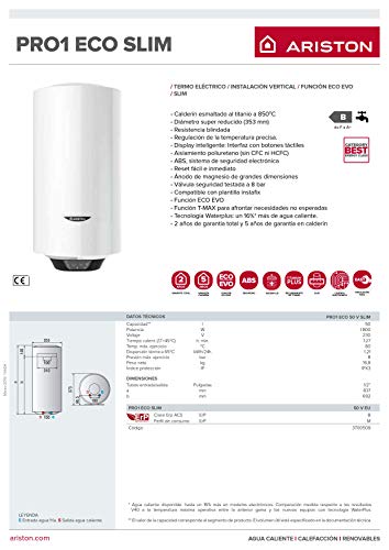 Ariston 3700509 Termo Eléctrico, 1800 W, 50V, Slim 50 L