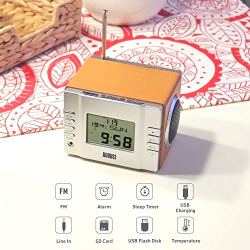 August MB300 Radiodespertadores Sistema Estéreo con Altavoz - FM Reloj de Radio con Función Alarma / Sleep Timer / Termómetro - Radio Despertador Leer MP3/ Tarjeta SD / Jack 3.5mm - Telecomando