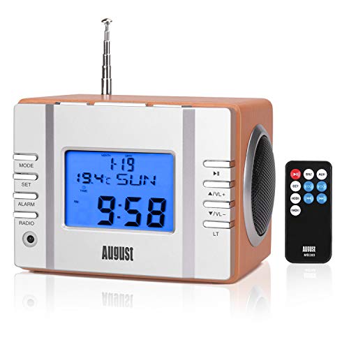 August MB300 Radiodespertadores Sistema Estéreo con Altavoz - FM Reloj de Radio con Función Alarma / Sleep Timer / Termómetro - Radio Despertador Leer MP3/ Tarjeta SD / Jack 3.5mm - Telecomando