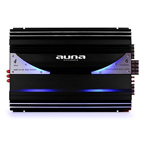 Auna AMP-CH06 Urban Edition - Amplificador para Coche HiFi, 5000W, 570W RMS, 6 Canales, Luz LED Azul, 3 Entradas RCA, Crossover, Ganancia Ajustable, Kit Completo de Montaje, Negro