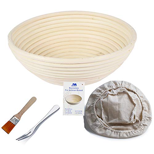 Banneton pruebas cesta 8,5 "redondo Banneton Brotform cuenco de ratán para masa de pan y cepillo [libre] Borradores de aumento(hasta 750g) + free liner + libre Pan horquilla