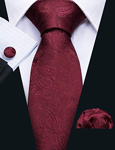 Barry.Wang Designer - Juego de corbata, pañuelo cuadrado para bolsillo y gemelos, para hombre, seda, diseño de Paisley Rojo granate Talla única