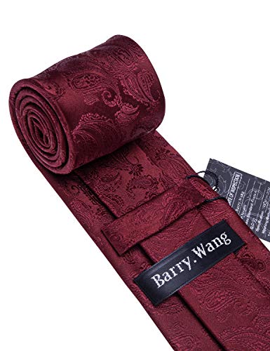 Barry.Wang Designer - Juego de corbata, pañuelo cuadrado para bolsillo y gemelos, para hombre, seda, diseño de Paisley Rojo granate Talla única