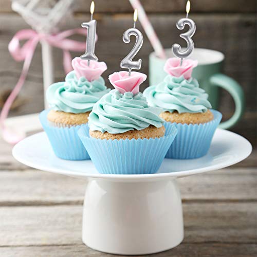 BBTO 10 Piezas Velas de Pastel de Cumpleaños Numeral Decoración Topper de Pastel de Número 0-9 Purpurina y 10 Piezas Velas de, Total 20 Piezas (Plata)