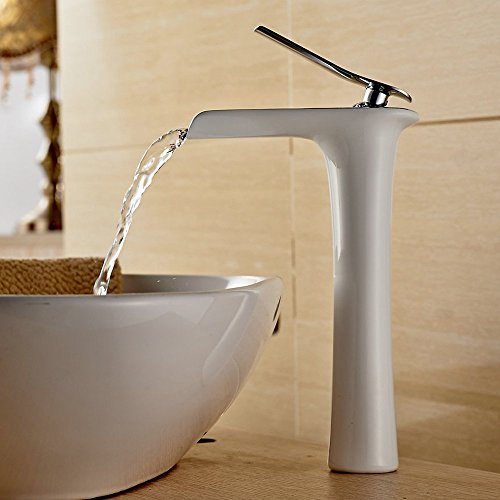 Beelee Grifo de Lavabo Monomando Cascada, Agua Fria y Caliente Disponible Grifo de Cuenca para Baño, Pintura blanca y cromo