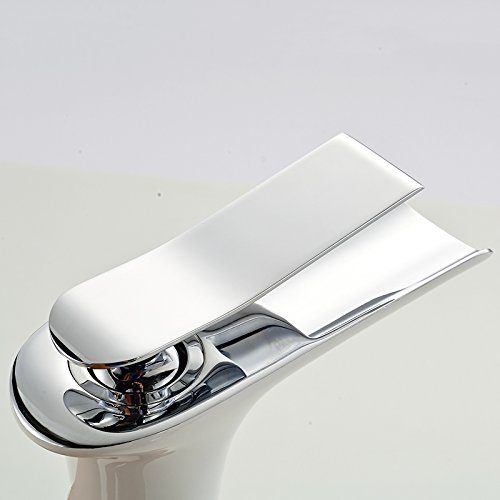 Beelee Grifo de Lavabo Monomando Cascada, Agua Fria y Caliente Disponible Grifo de Cuenca para Baño, Pintura blanca y cromo