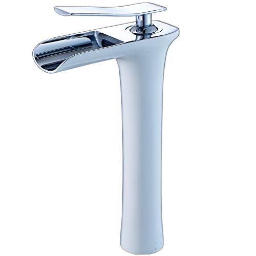 Beelee Grifo de Lavabo Monomando Cascada, Agua Fria y Caliente Disponible Grifo de Cuenca para Baño, Pintura blanca y cromo