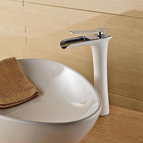 Beelee Grifo de Lavabo Monomando Cascada, Agua Fria y Caliente Disponible Grifo de Cuenca para Baño, Pintura blanca y cromo