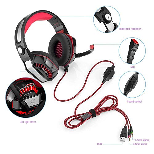 Beexcellent GM-2 Pro Gaming Over-Ear con micrófono, luces LED y control de volumen Cancelación de ruido de graves estéreo, para PS4 Xbox One, ordenador portátil, PC, Tablet(Rojo)