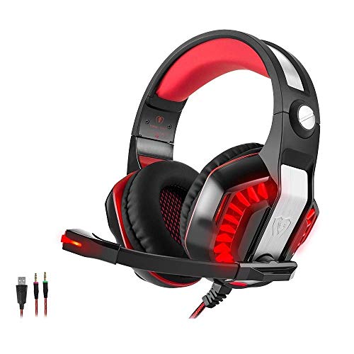 Beexcellent GM-2 Pro Gaming Over-Ear con micrófono, luces LED y control de volumen Cancelación de ruido de graves estéreo, para PS4 Xbox One, ordenador portátil, PC, Tablet(Rojo)