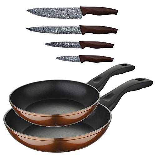 Bergner PK1926 Set 2 sartenes 20+24 cms, en Aluminio Forjado, inducción, más Juego 4 Cuchillos de Cocina, Acero Inoxidable, Marrón