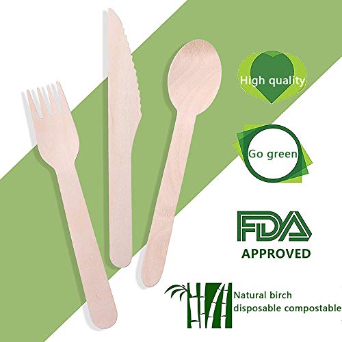 BETOY Cubertería desechable de Madera, Juego de Cubiertos de Madera de 120 Piezas Biodegradable para Fiestas Camping picnics Barbacoa (50 Tenedores, 50 Cuchillos, 50 cucharas)