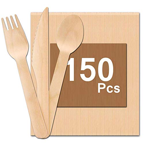 BETOY Cubertería desechable de Madera, Juego de Cubiertos de Madera de 120 Piezas Biodegradable para Fiestas Camping picnics Barbacoa (50 Tenedores, 50 Cuchillos, 50 cucharas)