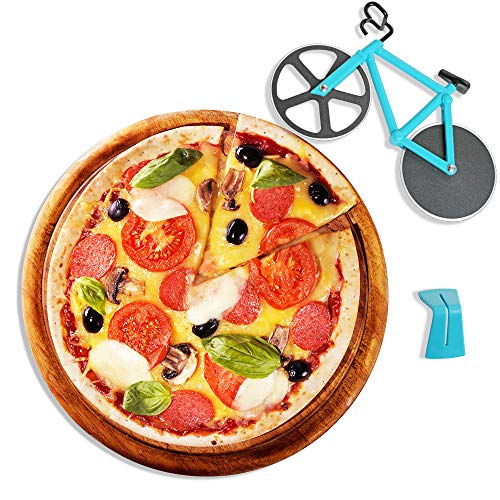 Bicicleta Cortador de Pizza, Rueda de Corte de Acero Inoxidable con Revestimiento Antiadherente con Soporte (Celeste 19cm * 12cm * 4 cm)