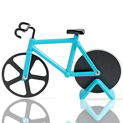 Bicicleta Cortador de Pizza, Rueda de Corte de Acero Inoxidable con Revestimiento Antiadherente con Soporte (Celeste 19cm * 12cm * 4 cm)