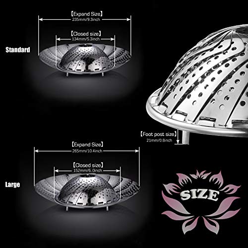 BITEFU - Juego de 2 recipientes para cocinar al vapor de acero inoxidable, plegable y ajustable, cesta de vapor para frutas, verduras, mariscos, cocinar (2 tamaños) con 2 esponjas de silicona libres