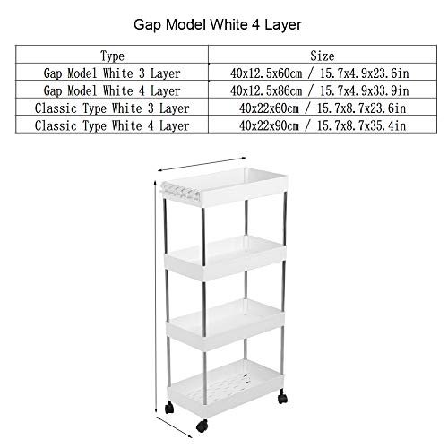 Blanco Estante de almacenamiento de 3/4 Estante Organizador móvil de ahorro de espacio Trolley, Bastidor de torre de almacenamiento multipropósito con ruedas universales(Gap Model 4 Layer)