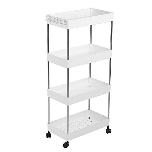 Blanco Estante de almacenamiento de 3/4 Estante Organizador móvil de ahorro de espacio Trolley, Bastidor de torre de almacenamiento multipropósito con ruedas universales(Gap Model 4 Layer)