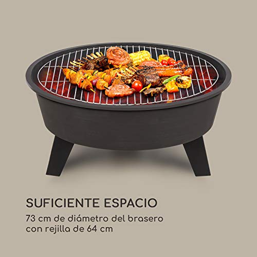 Blumfeldt Nolana brasero 2 en 1 y Barbacoa - 73 cm de diámetro, Protector de chispas, Parrilla de 64 cm, Concepto FireView, Hierro Fundido, Acero Revestido, con atizador y Parrilla, Negro