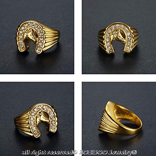 BOBIJOO JEWELRY - Anillo Anillo Anillo de la Cabeza de Hombre, Caballo de Hierro Diseño, Elegante Circonio Chapado en Oro de Acero Viajero Camarga - 17 (8 US), Dorado - Acero Inoxidable 316