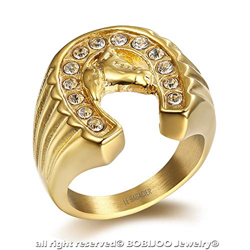 BOBIJOO JEWELRY - Anillo Anillo Anillo de la Cabeza de Hombre, Caballo de Hierro Diseño, Elegante Circonio Chapado en Oro de Acero Viajero Camarga - 17 (8 US), Dorado - Acero Inoxidable 316