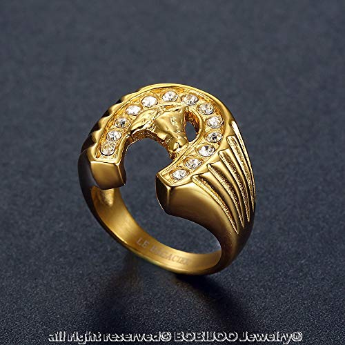 BOBIJOO JEWELRY - Anillo Anillo Anillo de la Cabeza de Hombre, Caballo de Hierro Diseño, Elegante Circonio Chapado en Oro de Acero Viajero Camarga - 17 (8 US), Dorado - Acero Inoxidable 316